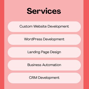 May include: A rectangular graphic with a coral pink background featuring the word Services in black at the top. Below are five white horizontal rounded buttons containing the text: Custom Website Development, WordPress Development, Landing Page Design, Business Automation, and CRM Development.