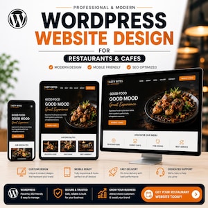 May include: A digital display showing a WordPress website design for restaurants and cafes on a smartphone, tablet, and desktop monitor. The screen content features the text Tasty Bites, Good Food Good Mood, and Great Experience with food imagery.