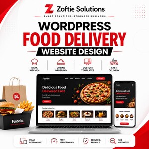 May include: A promotional graphic for Zoftie Solutions WordPress food delivery website design. It features a laptop and smartphone displaying a food ordering interface, alongside a burger box, fries, and a paper bag with a scooter logo.
