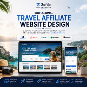 May include: A digital marketing graphic for professional travel affiliate website design by Zoftie. It features a laptop and smartphone displaying a travel website, with logos for Booking.com, Airbnb, Viator, Tripadvisor, and Expedia included.