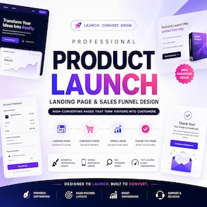 May include: A digital marketing graphic titled Professional Product Launch Landing Page & Sales Funnel Design. It features a central gradient text, surrounding UI mockups of checkout pages, analytics, and thank you screens with purple and white accents.