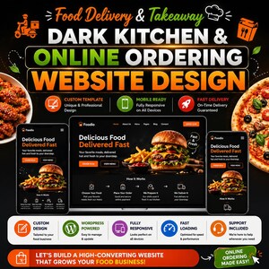 May include: A digital advertisement for food delivery and takeaway website design featuring a laptop and two smartphones displaying a food ordering interface with images of burgers, fries, pizza, and fried chicken on a dark background with text.
