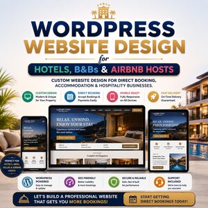 May include: A digital advertisement for WordPress website design services for hotels, B&Bs, and Airbnb hosts. The graphic displays a laptop, smartphone, and tablet showing a hotel website, with text detailing features like direct booking and SEO.