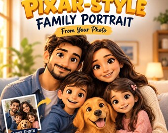Custom Pixar Style Family Portrait From Photo, 3D Animated Family Art