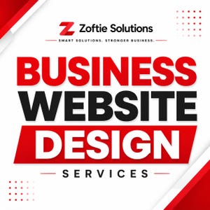 May include: A square graphic advertisement for Zoftie Solutions featuring the text Business Website Design Services in bold red and black lettering on a white background with red corner accents and a dotted pattern in the top right corner.