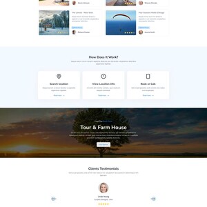 Może przedstawiać: Strona docelowa witryny OPIXO zawierająca pasek wyszukiwania z tekstem Find Your Dream Place Just In a Click, katalog miejsc podr&oacute;ży, sekcję How Does It Work, opinie klient&oacute;w oraz sekcję z najnowszymi wpisami na blogu.