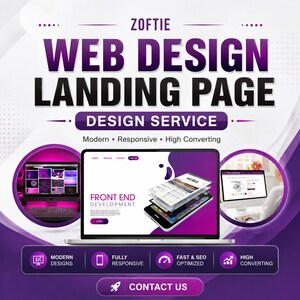 Może przedstawiać: Cyfrowa reklama usług tworzenia stron docelowych Zoftie. Grafika utrzymana w fioletowo-białej kolorystyce przedstawia ekran laptopa z układami front-end, ikonami responsywnego projektowania oraz przyciskiem kontaktu.
