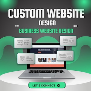 May include: A silver laptop displaying a website on a green and gray background. Text reads: CUSTOM WEBSITE DESIGN, BUSINESS WEBSITE DESIGN, LET'S CONNECT. Icons show Custom Website Design, Mobile-Friendly Layouts, SEO-Friendly Structure, and Electronics Commerce Solutions.