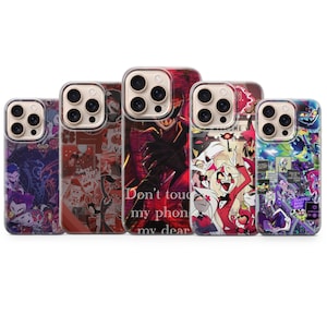 Peut inclure: Cinq coques de smartphone avec des illustrations de personnages colorés et des motifs graphiques. La coque centrale montre une silhouette sombre avec le texte Don't touch my phone my dear. Les autres coques présentent des personnages animés.