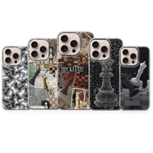 May include: Five smartphone cases featuring chess-themed designs. The first has a black and white pattern of chess pieces. The second shows a collage of chess boards and pieces. The third displays a collage with the text CHECKMATE. The fourth features a wireframe chess piece on a mathematical background. The fifth shows a white chess piece on a board.