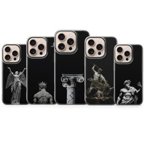 May include: A collection of five phone cases with black backgrounds. Each case features a different classical sculpture design in shades of gray and white. The designs include statues of angels, gods, and architectural elements.