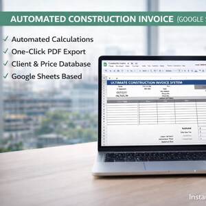 May include: A laptop displaying an automated construction invoice system, with features like automated calculations and one-click PDF export. The screen shows a spreadsheet layout. Text on the screen reads "ULTIMATE CONSTRUCTION INVOICE SYSTEM" and "Instant Digital Download."
