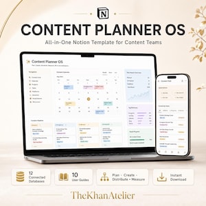 May include: A digital Content Planner OS Notion template displayed on a laptop and smartphone screen. The interface features a content calendar, pipeline, and analytics dashboard. Includes 12 connected databases, 10 user guides, and instant download.