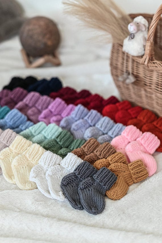 100% Merino Wool Baby Socks - Hand Knit Newborn Booties - Soft Infant Socks - Baby Shower Gift - Organic Toddler Woolen Socks - 23 Colours