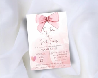 Tiny Toes & Pink Bows Baby Shower Invitation Digital Template Instant Download