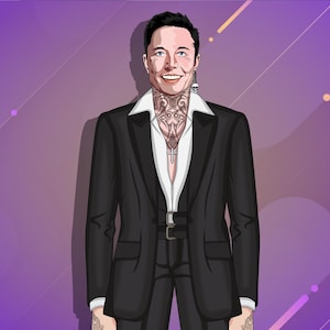 May include: Illustration of a person in a black suit with a white collared shirt and a decorative tattoo on the neck. The background is a gradient of purple and lavender with diagonal lines and dots.
