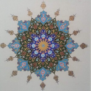 May include: A detailed, symmetrical design featuring a central yellow circle surrounded by intricate patterns. The design incorporates shades of blue, green, and gold, with floral and geometric elements. The artwork is set against a neutral background, creating a striking visual contrast.