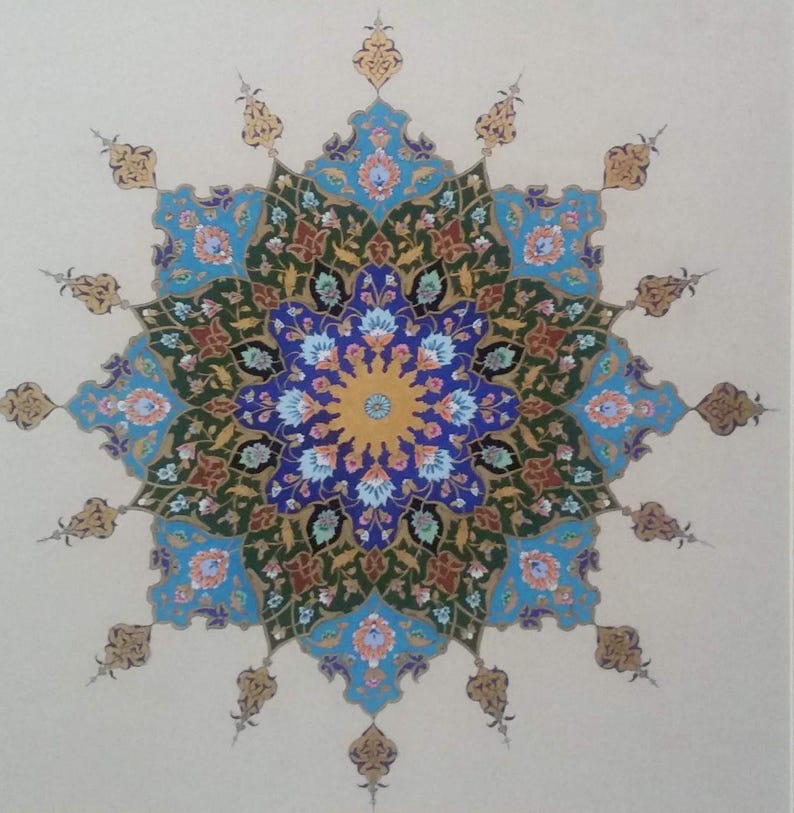 May include: A detailed, symmetrical design featuring a central yellow circle surrounded by intricate patterns. The design incorporates shades of blue, green, and gold, with floral and geometric elements. The artwork is set against a neutral background, creating a striking visual contrast.