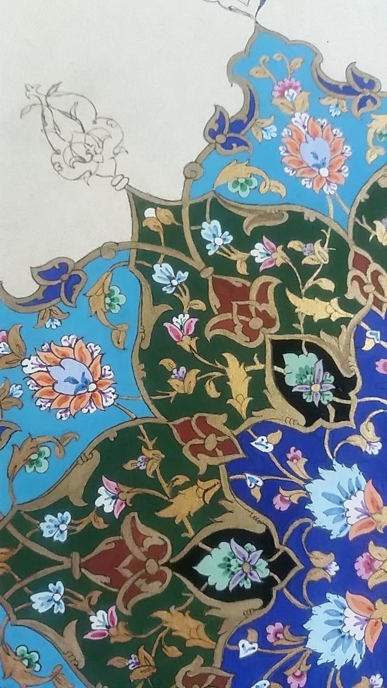 May include: Close-up of a detailed floral pattern in shades of blue, green, red, and gold. The design features stylized flowers and leaves, with intricate details and a symmetrical arrangement. The background is a cream color.