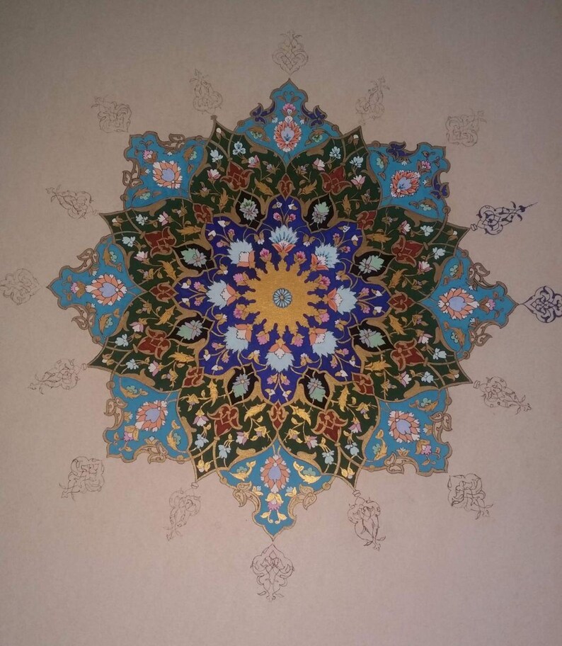 May include: A detailed, symmetrical floral design in shades of blue, green, red, and gold. The central motif is a circular pattern with intricate floral elements. The background is a neutral beige color, with faint, decorative outlines surrounding the central design.