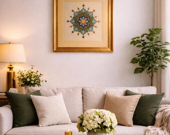 Handmade Persian Shamsa Art – Green & Turquoise Islamic Illumination, Framed