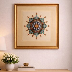 Handmade Persian Shamsa Art – Green & Turquoise Islamic Illumination, Framed image 2