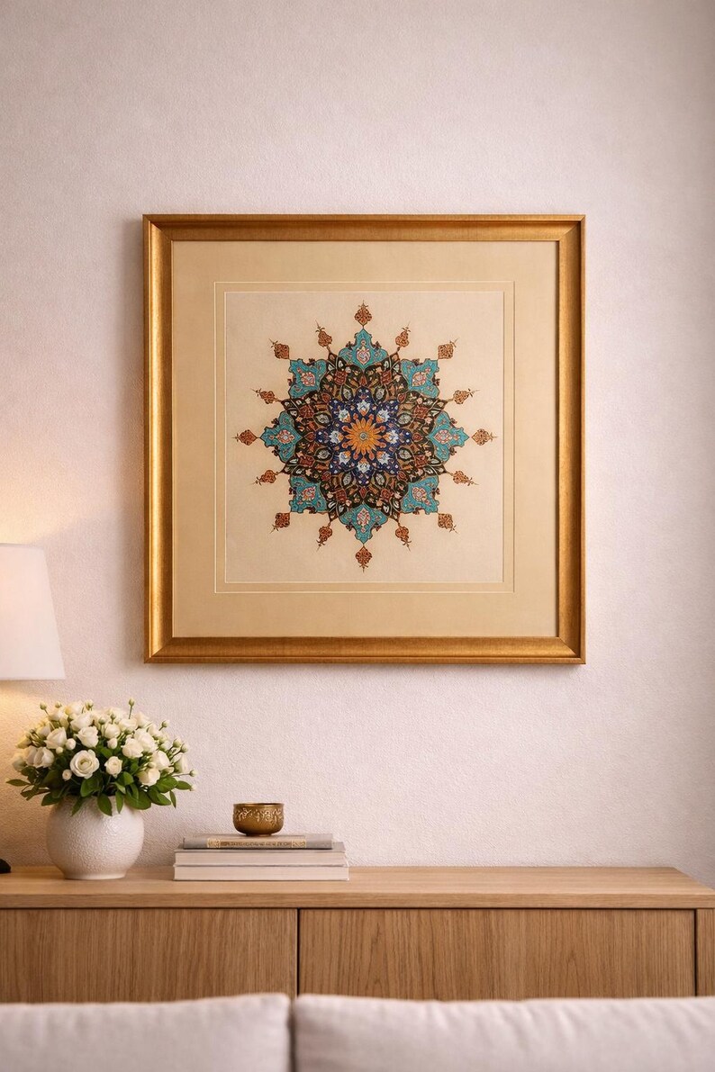 Handmade Persian Shamsa Art – Green & Turquoise Islamic Illumination, Framed image 2