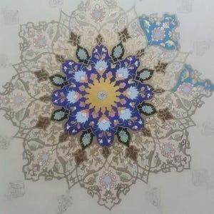 May include: A detailed, symmetrical floral design in shades of blue, yellow, and beige. The central motif is a large, stylized flower with intricate petal patterns. The background is a light, neutral color, enhancing the design's prominence.