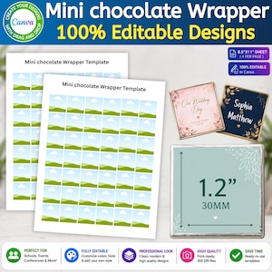 Pode incluir: Um modelo digital para mini embalagens de chocolate com uma grade de gráficos de céu e colinas. Inclui dois exemplos de embalagens com designs florais e texto dourado, e uma embalagem quadrada exibindo uma medida de 30 mm.