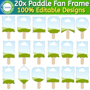 May include: A collection of 20 paddle fan frames with various edge shapes, including scalloped, wavy, and geometric borders. Each frame features a light blue sky and green landscape graphic with a light brown wooden handle attached at the bottom.