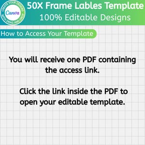 Op de afbeelding: Een digitale afbeelding met de tekst "50X Frame Labels Template" en "100% Editable Designs." De afbeelding bevat instructies over hoe toegang te krijgen tot de sjabloon, met de vermelding dat een PDF met een toegangslink wordt verstrekt.