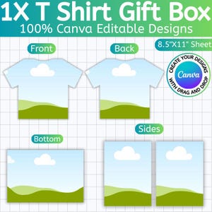Könnte beinhalten: Grafik eines T-Shirt-Geschenkbox-Designs mit dem Text "1X T Shirt Gift Box" und "100% Canva Editable Designs". Das Design umfasst Vorder-, Rück-, Unter- und Seitenansichten eines T-Shirts mit Landschafts- und Wolkendesign. Die Blattgröße beträgt 21,6 cm x 27,9 cm.