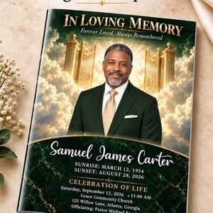 May include: An 8-page funeral programme template featuring a portrait of a man in a dark suit and gold tie. The cover displays the text In Loving Memory, Samuel James Carter, and details for a Celebration of Life at Grace Community Church.
