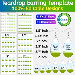 May include: A digital teardrop earring template featuring 100% editable designs for an 8.5"x11" sheet. It includes six different sizes ranging from 1.5" to 3" inches, compatible with Canva, and displays earring shapes with a landscape graphic.