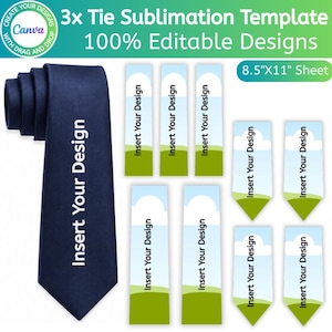 Puede incluir: Una plantilla de sublimación digital para tres corbatas en una hoja de 8.5"x11", que incluye una corbata azul marino con el texto "Insert Your Design" y varias plantillas de corbatas rectangulares y puntiagudas con un gráfico de cielo y césped.