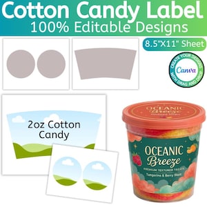 May include: A digital template for cotton candy labels on an 8.5"x11" sheet, featuring editable designs with circular and curved shapes. Includes a clear plastic tub filled with orange and red cotton candy, labelled Oceanic Breeze.