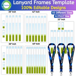 Könnte beinhalten: Eine Vorlage für Lanyard-Rahmen mit 100% bearbeitbaren Designs in den Größen 36, 42, 33, 30 und 40 Zoll auf 8,5x11 Zoll Blättern. Die Grafik zeigt mehrere vertikale Layout-Hilfslinien und drei blau-schwarze Lanyards mit dem Text Insert Your Design Here.