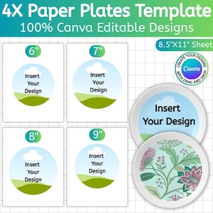 Puede incluir: Una plantilla para platos de papel con diseños editables. La imagen muestra cuatro plantillas rectangulares con tamaños de plato de 15 cm, 18 cm, 20 cm y 23 cm. Cada plantilla tiene un área de diseño circular con el texto "Insert Your Design".