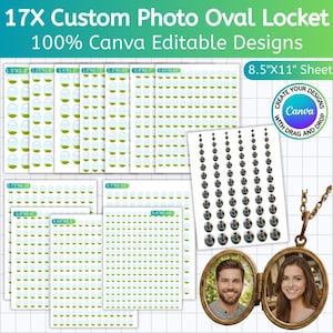 May include: A custom photo oval locket with a bronze finish, open to reveal two photos. The image also shows various sizes of printable designs for the locket, with the text "17X Custom Photo Oval Locket" and "100% Canva Editable Designs".