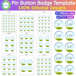 Puede incluir: Una plantilla digital de chapas con diseños 100% editables en hojas de 21,6 cm x 27,9 cm. El diseño muestra 10 tamaños diferentes que van desde 2,5 cm hasta 8,9 cm de diámetro, cada uno con un gráfico circular de un paisaje con cielo azul.