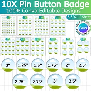 以下が含まれることがあります： Canvaのデザインテーマで、1インチから3.5インチまでのさまざまなサイズのピンボタンバッジの画像。画像には、事前にカットされたバッジのシートと個々のバッジの例が含まれており、すべてライトブルーとグリーンの配色です。
