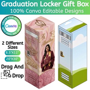 Puede incluir: Diseño de caja de regalo para taquilla de graduación. La caja presenta una foto de una graduada, el nombre "Amelia" y el año "2026". El diseño es personalizable con Canva y está disponible en dos tamaños: 21,6 cm x 28 cm y 50,8 cm x 76,2 cm. El texto "Graduation Locker Gift Box" está en la parte superior.