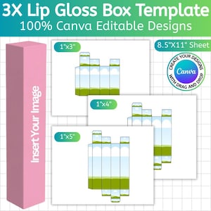 以下が含まれることがあります： 「3X Lip Gloss Box Template」と「100% Canva Editable Designs」のテキストが入ったピンク色のリップグロスボックステンプレート。画像には、それぞれ2.54cm x 7.62cm、2.54cm x 10.16cm、2.54cm x 12.7cmの寸法を持つ3つの異なるボックスデザインテンプレートが含まれています。「Insert Your Image」のテキストも表示されています。