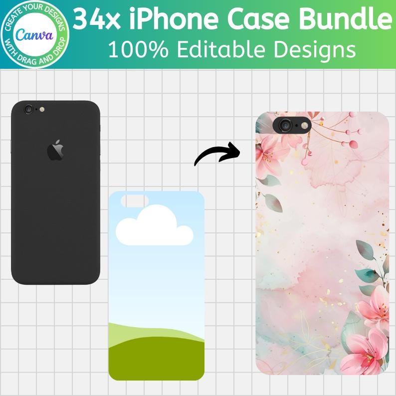 May include: A black iPhone next to a phone case with a cloud and landscape design, and another case with a floral watercolor design. The image includes the text "34x iPhone Case Bundle" and "100% Editable Designs".