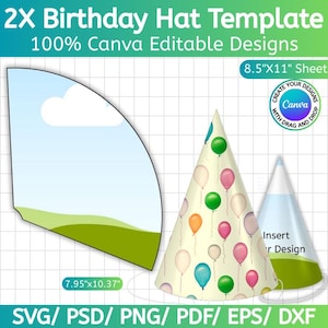 May include: A birthday hat template with the text "2X Birthday Hat Template" and "100% Canva Editable Designs." The image shows a cone-shaped hat decorated with balloons and a sheet size of 21.59cm x 27.94cm. The template is 20.19cm x 26.34cm and available in SVG, PSD, PNG, PDF, EPS, and DXF formats.