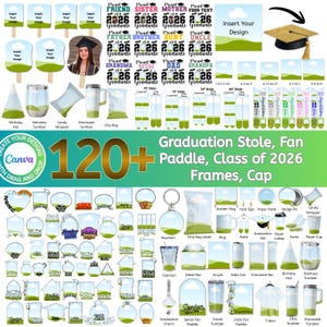 May include: A collage of graduation-themed products, including stoles, paddles, frames, and caps. The image features various designs, such as "Proud Graduate" and "Class of 2026," along with customizable templates. The color scheme is predominantly green and white.