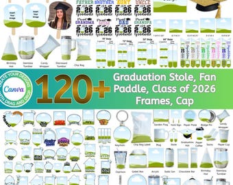 Pacchetto completo di modelli Canva per la laurea, stola di laurea modificabile su Canva, pacchetto di ventagli, cappello di laurea, classe di laureati 2026, download digitale