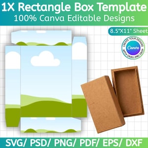 Puede incluir: Una plantilla de caja rectangular con un diseño de paisaje, con cielo azul, nube blanca y colinas verdes. La plantilla está diseñada para una hoja de tamaño A4 (aproximadamente 21 x 29,7 cm) y es 100% editable en Canva. Se muestra una caja separada, ensamblada, en marrón.