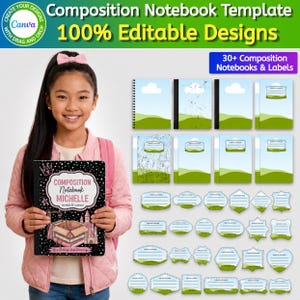 May include: A digital composition notebook template set featuring over 30 editable designs and labels. The main notebook cover is black with white stars, a pink castle illustration, and text reading Composition Notebook MICHELLE The Magic of I Can Do It.