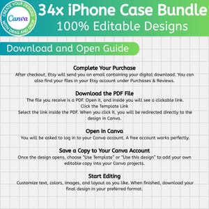 May include: A digital product listing with the text "34x iPhone Case Bundle" and "100% Editable Designs." Instructions are provided for downloading and editing the designs using Canva. The background is a grid pattern.